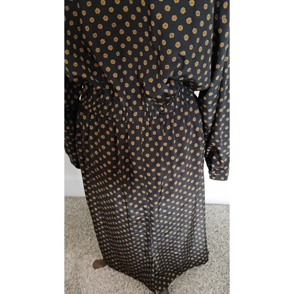 Vtg 80s Leslie Fay Midi Dress Women's Black Brown Paisley Tie Front Secretary 14 - Picture 7 of 15